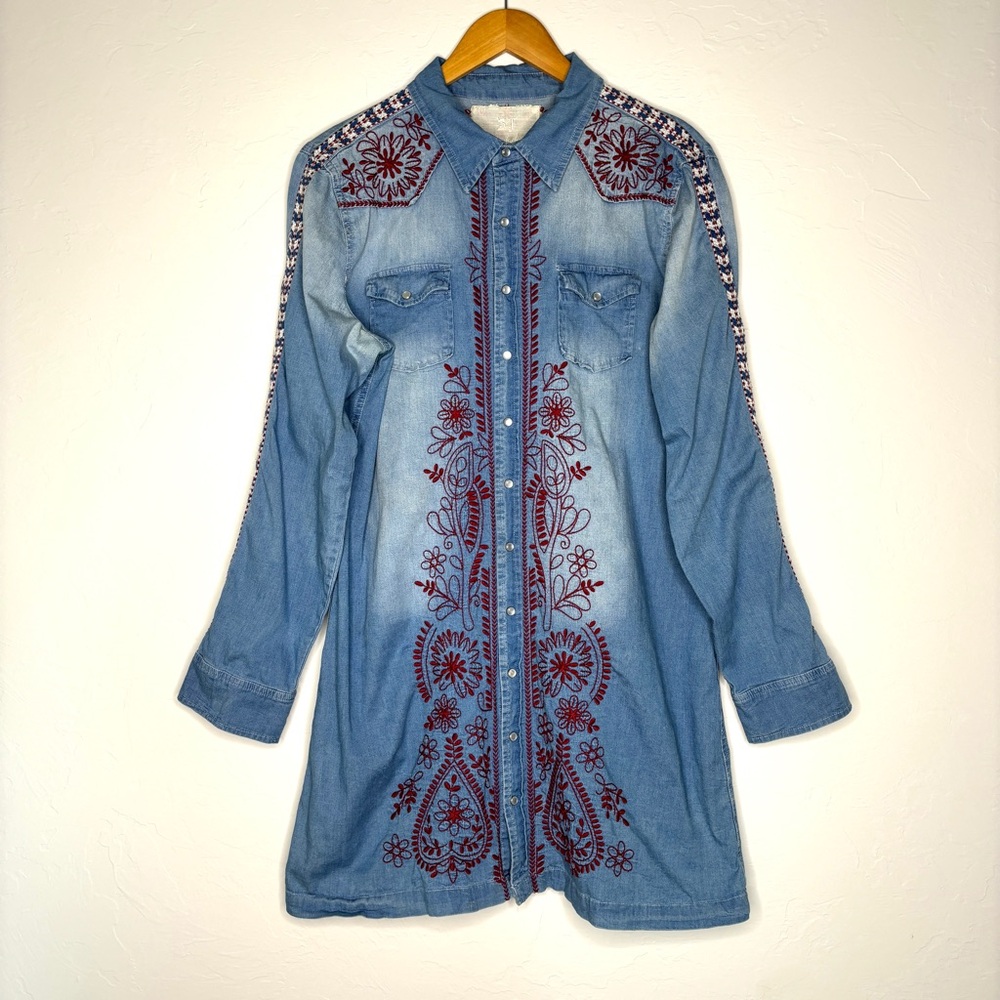 Johnny Was Blue Denim Dress with Red Embroidery